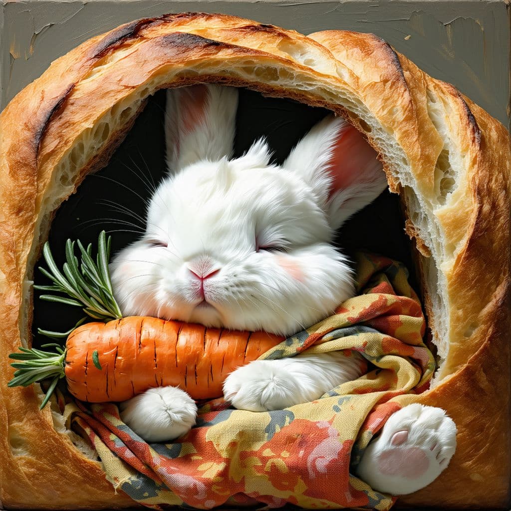 AI generated:  bunny sideway sleep (inside bread) with blanket of bread, eye closed, hugging his carrot plush doll...