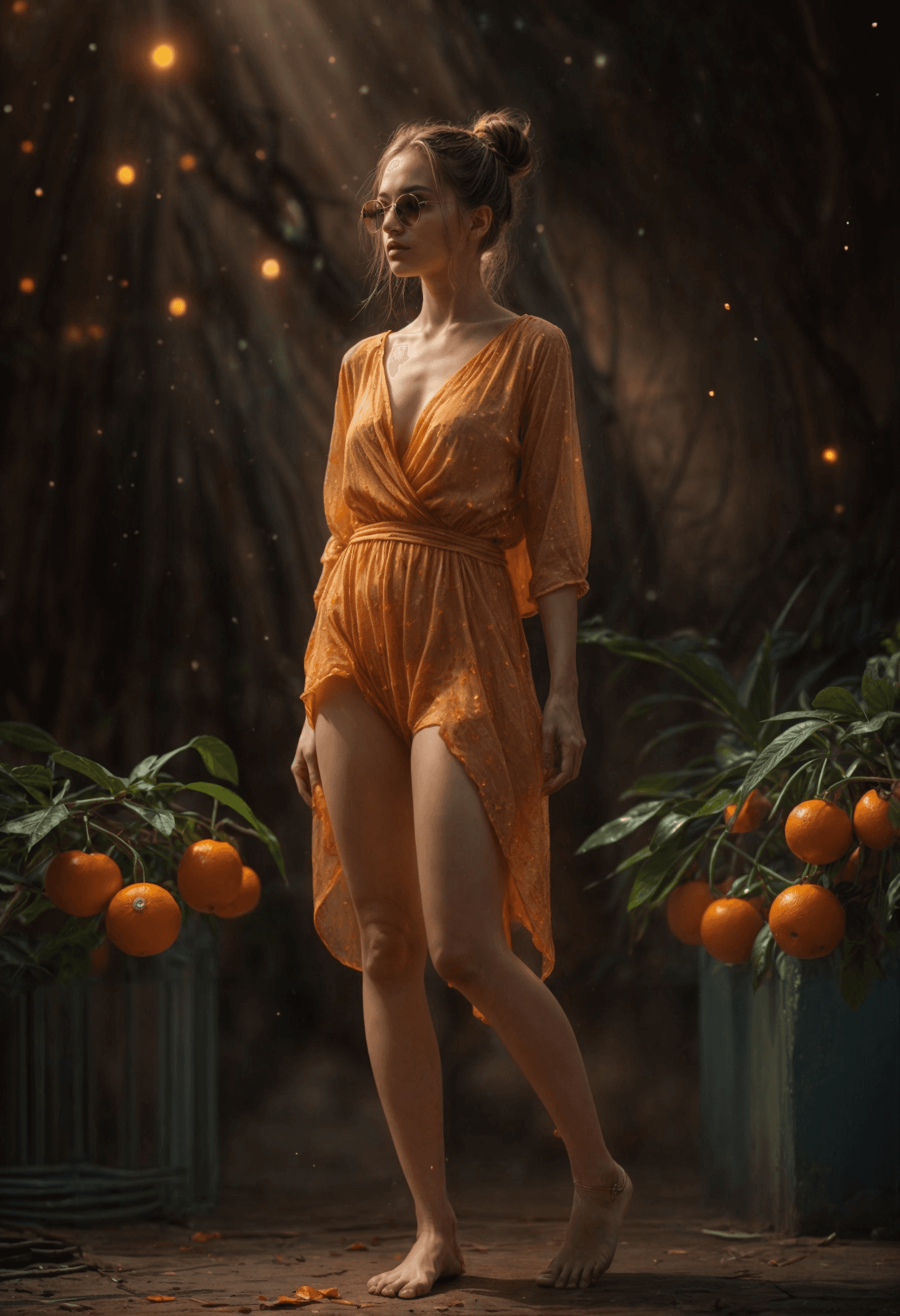 AI generated:  3D rendering of a woman in a bright orange dress with a deep neckline, standing in front of a backd...