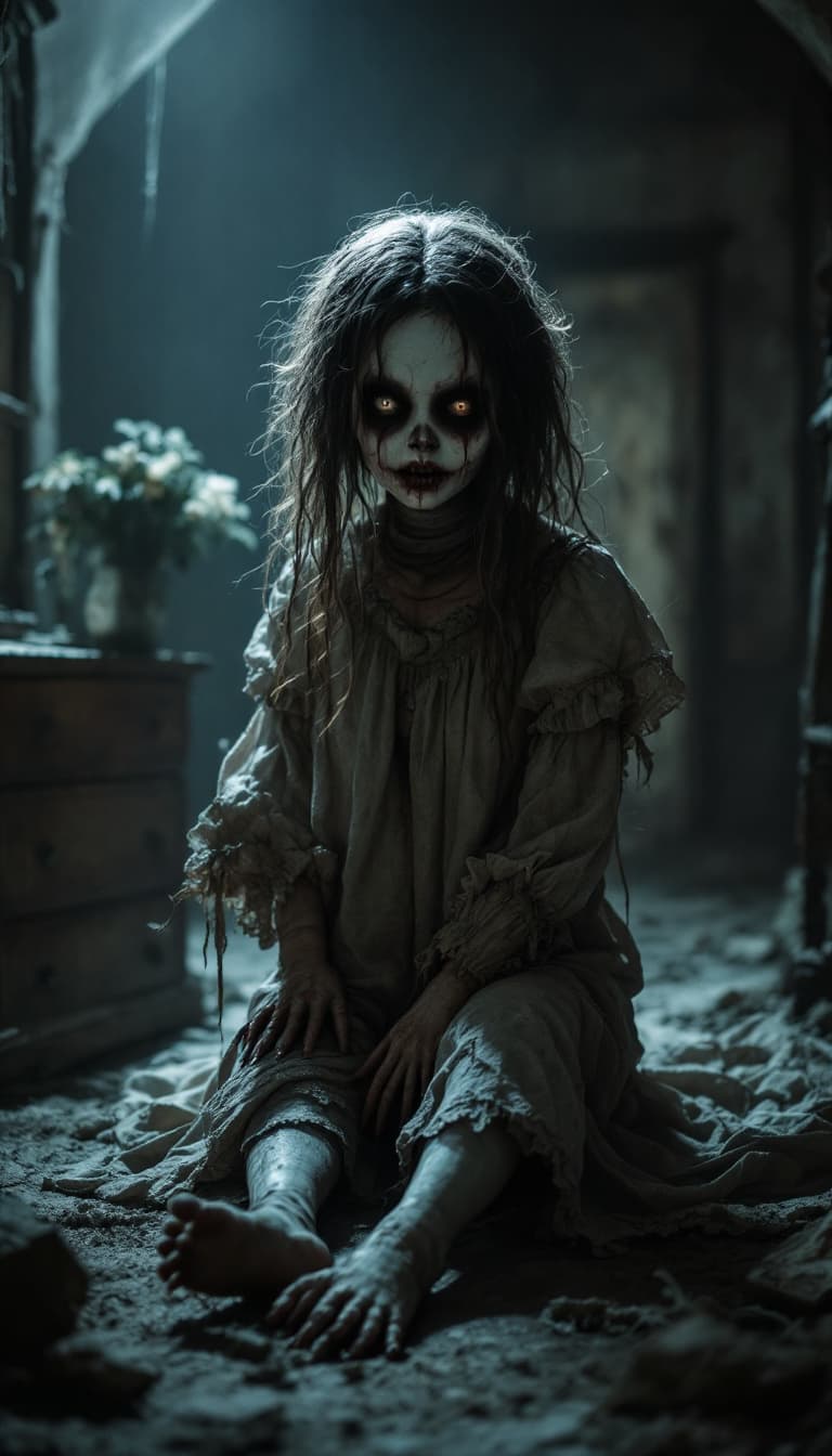AI generated: realistic horror, creepy life-size doll lady, eerie attic background, dramatic shadows, dim lighting...