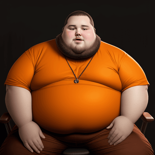 AI generated: A picture of a fat man sitting on a chair wearing orange colored clothes with his hands on his hips,...