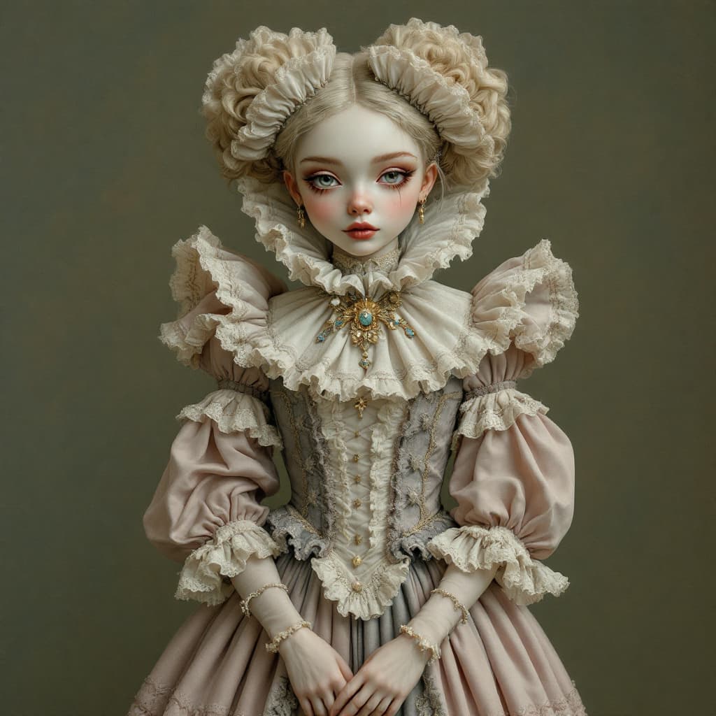 AI generated: pop surrealism, lowbrow art, realistic cute Dorothy, queen dress, full body, cute frills, fine lace,...