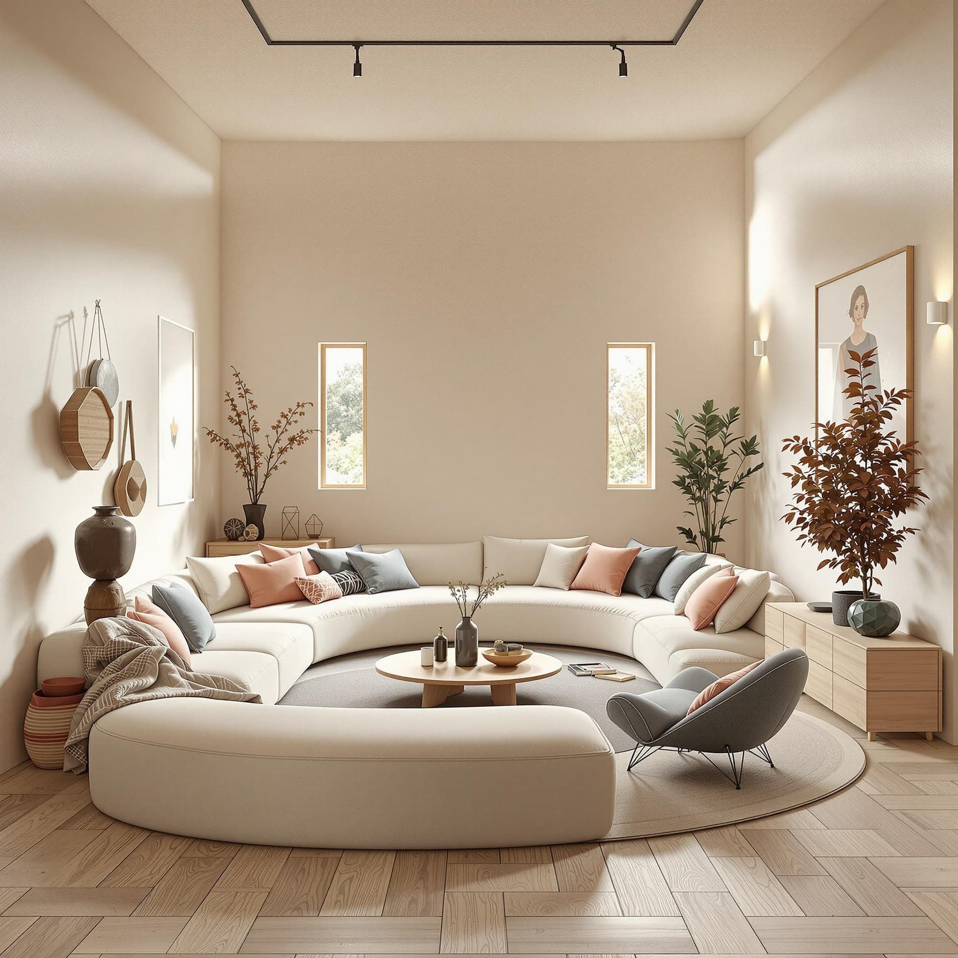AI generated: High resolution photography interior design, dreamy sunken living room conversation pit, wooden floo...