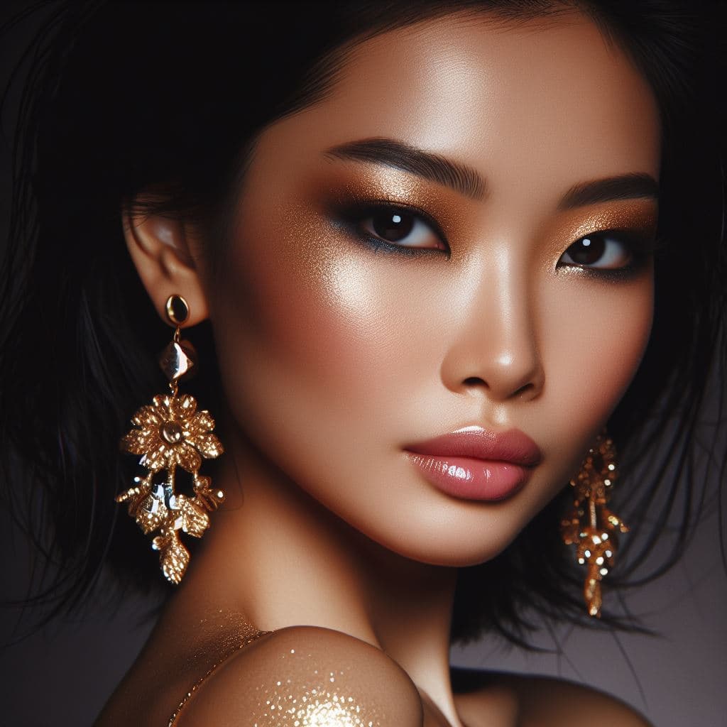 AI generated: ASIAN woman with golden Earings , in the style of dmitry kustanovich, delicate modeling, photobashin...