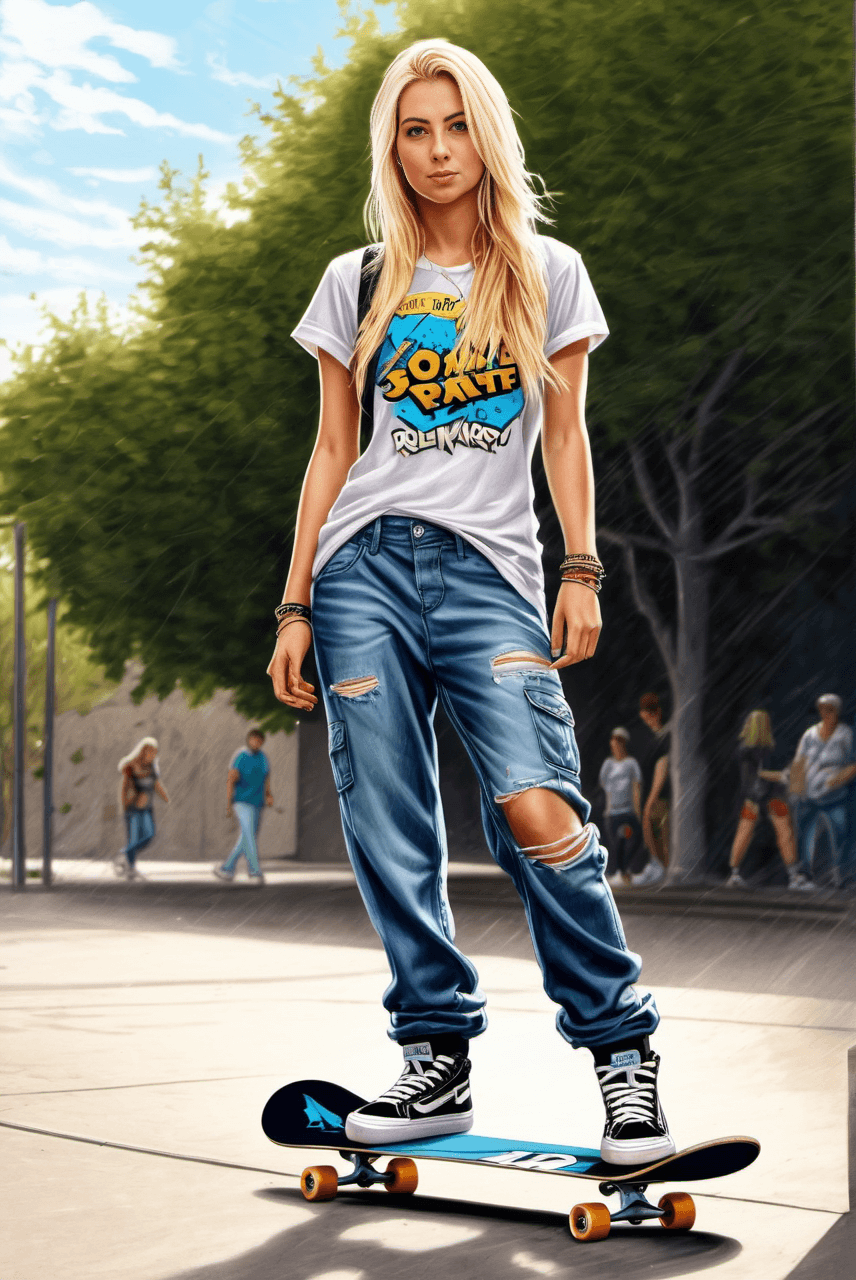 AI generated: Hyperrealistic art a beautiful blonde skater girl, baggy pants, sneaker, skateboard under her arm, c...