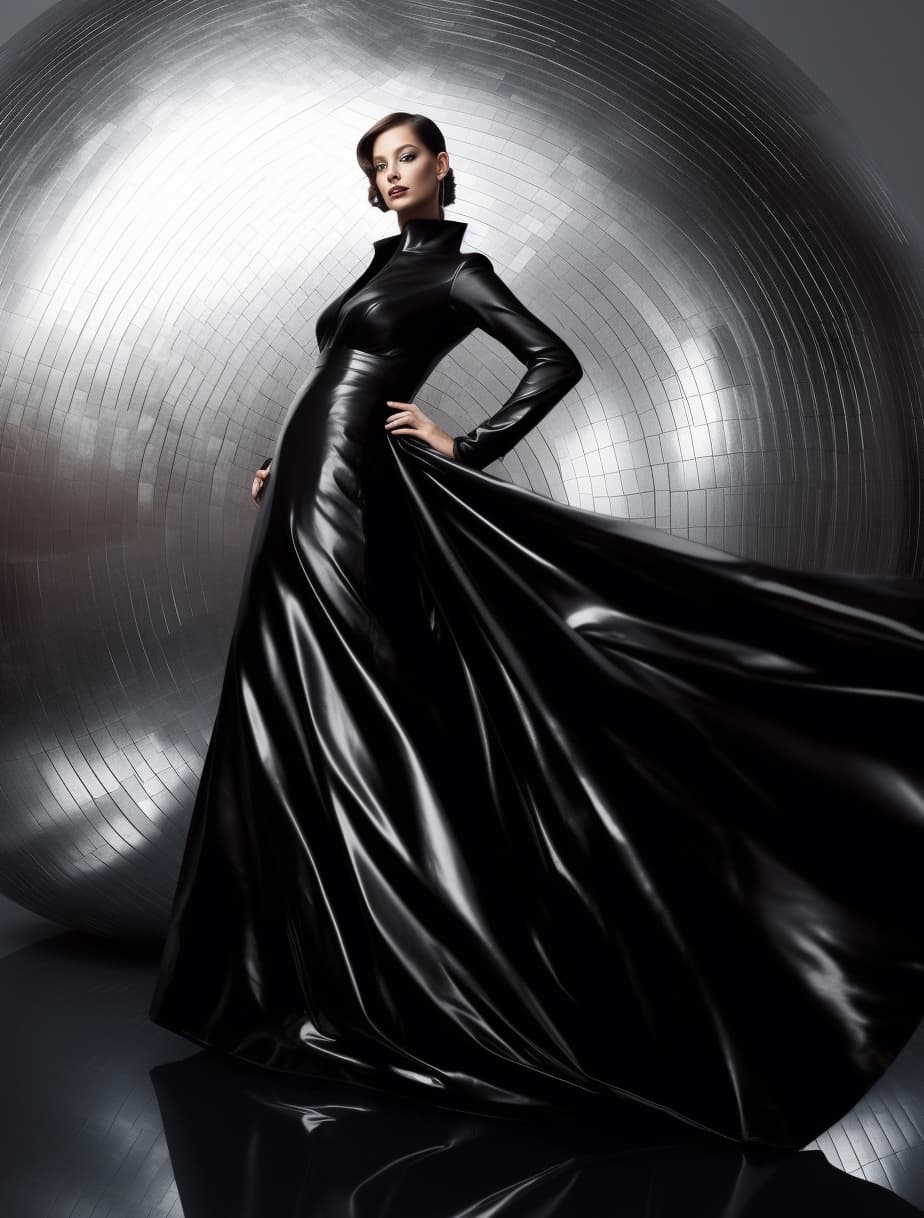 AI generated: a woman in a black dress posing for a picture, latex skin, editorial story, flowing dress, pits, ann...