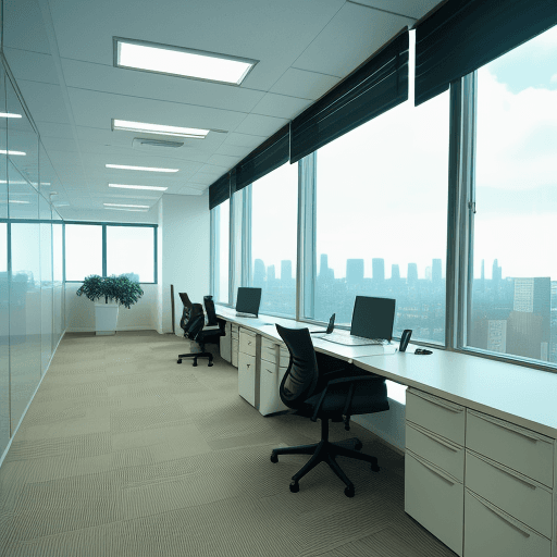 AI generated: Office interior, professional, panoramic shot, smartphone camera, afternoon, wide-angle lens, corpor...