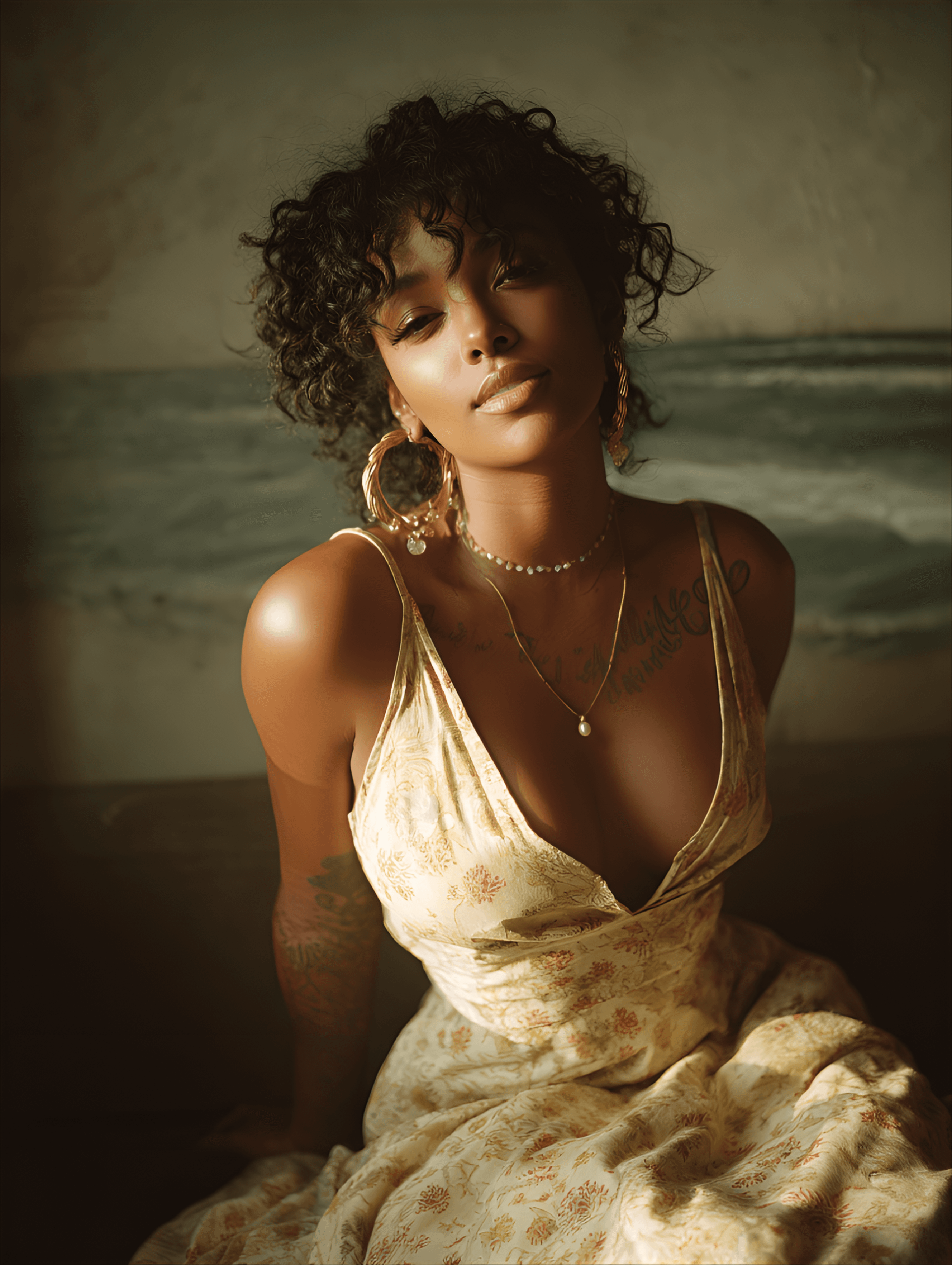 AI generated: Dark-skinned woman, 25-30 years old, with a beautiful, relaxed, and confident expression,  posing in...