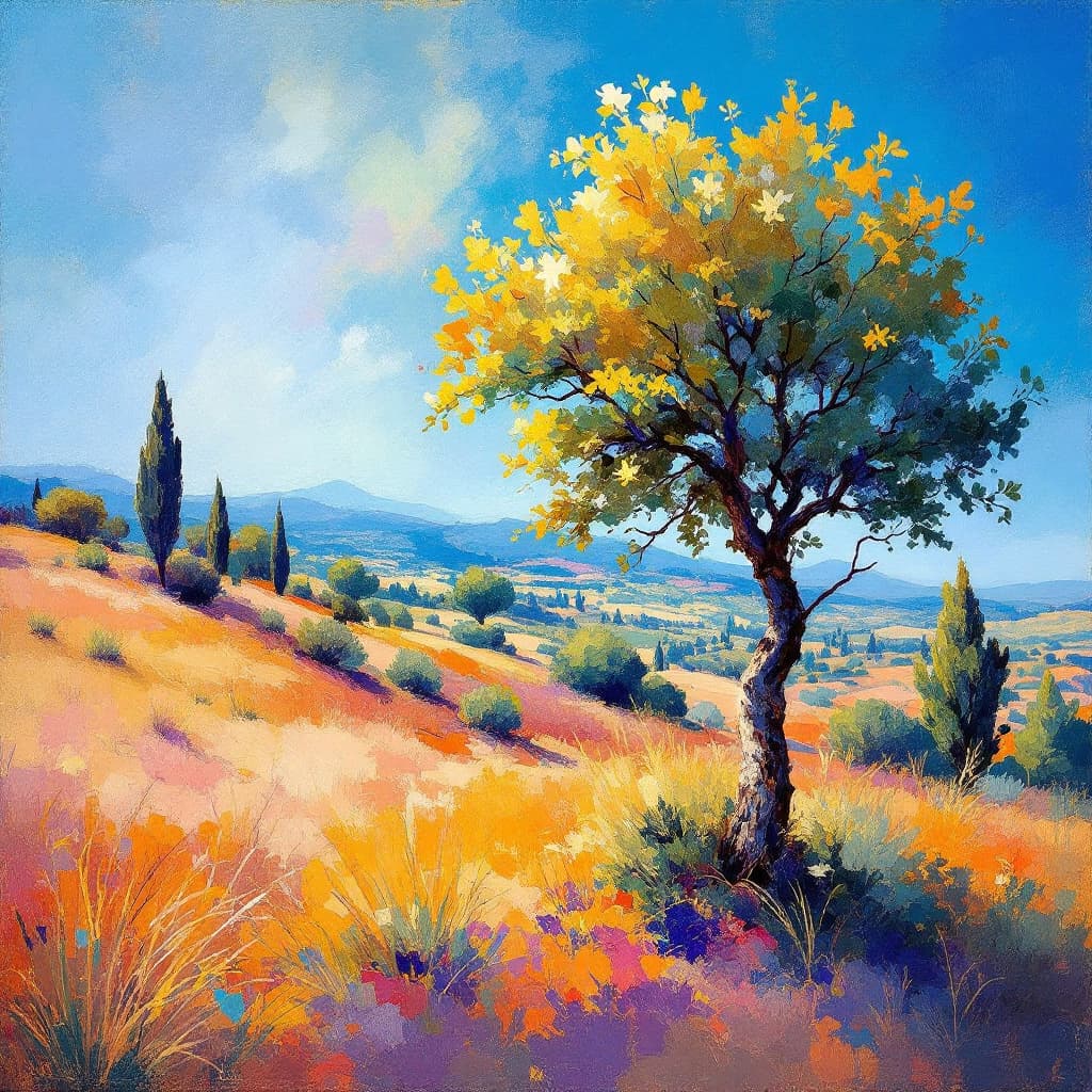 AI generated: impressionist painting on canvas of Provence, in the style of impressionist masters, warm colors, de...