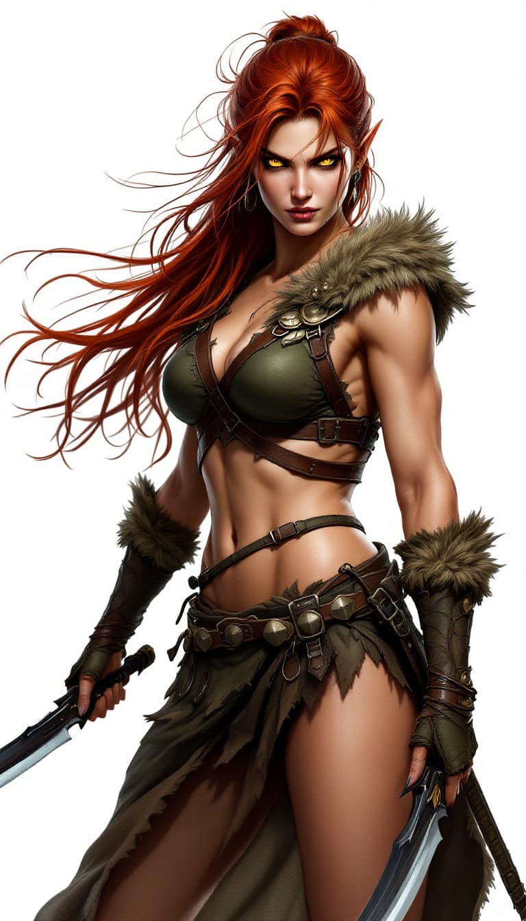 AI generated:  A nimble, female hunter displays her readiness, her long, toned physique and windswept scarlet hair...