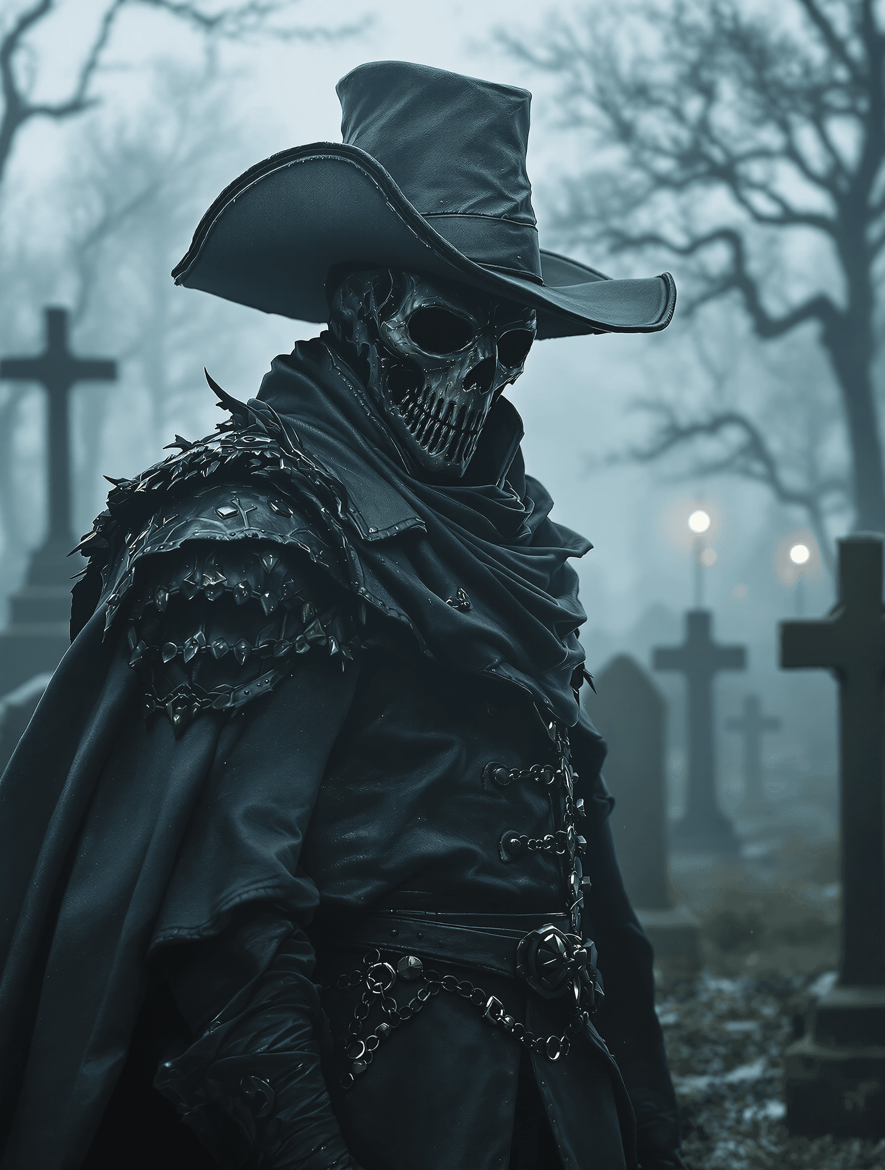 AI generated: 17th century Plague doctor, graveyard, fog, Hat, mask, leather, highly detailed, EPIC fantasy, 8k, c...