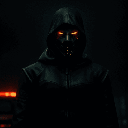 AI generated: cyberpunk, masked man, dark torn hood, dark rainy foggy night, intricate dark and chrome damaged arm...