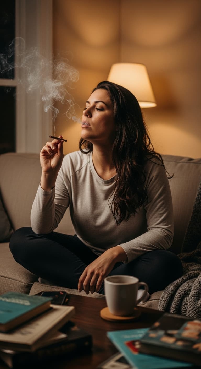 AI generated: An intricate woman smoking a blunt in the living room, she looks pretty, hair loose, dimly lit scene...