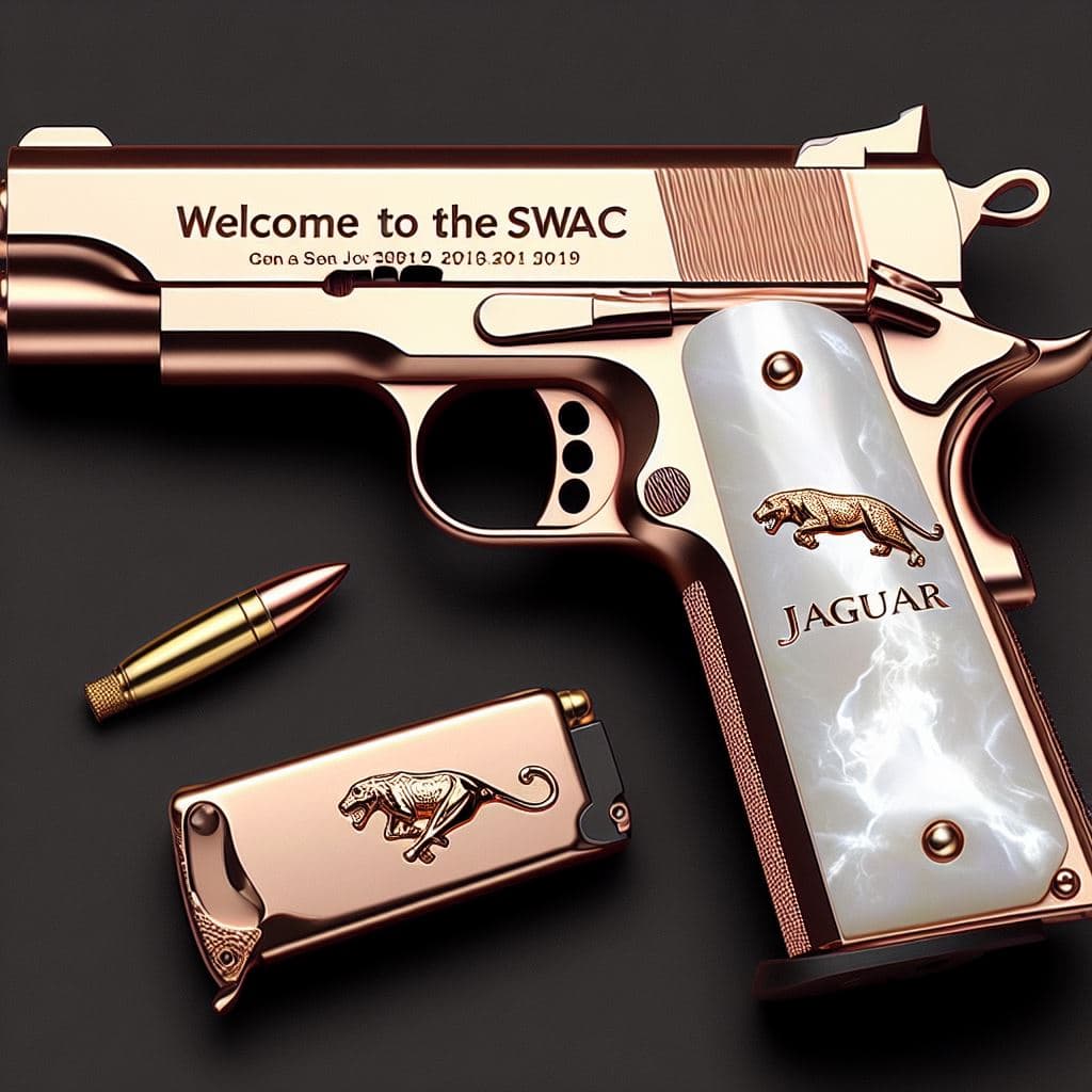 AI generated: "generate an image of a rose gold 1911 pistol. the 1911 pistol has a white pearl grip handle. the wo...