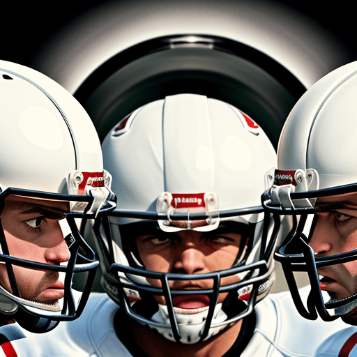AI generated: front view of American football players, wearing white helmets, looking straight to the camera. Angr...