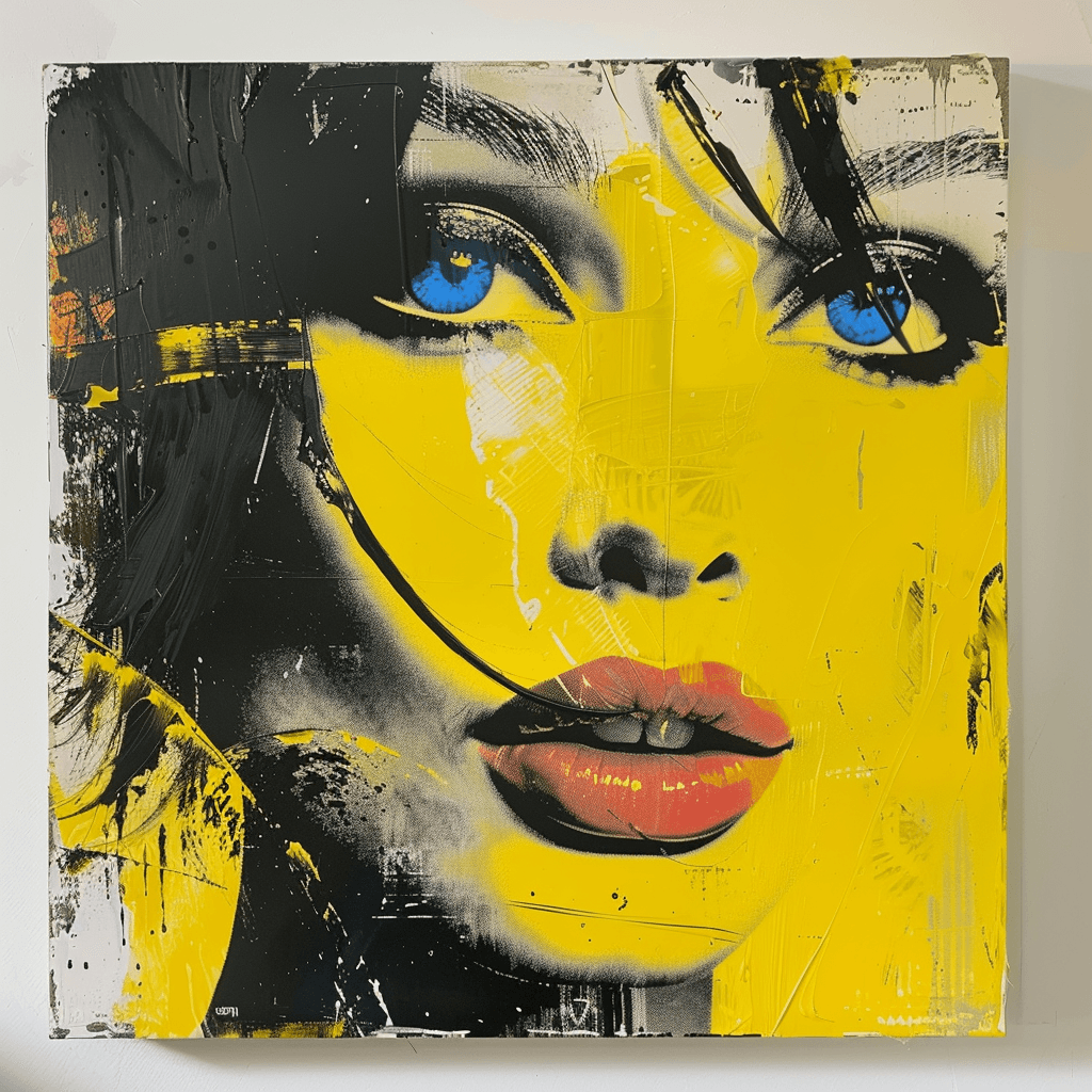 AI generated: print collage woman face, Andy Warhol style, blue eyes, yellow background, drawn on a white wall