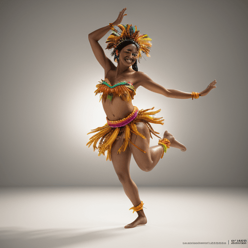 AI generated: Foot shot, cheerful black woman dancing, dressed in a colorful Tahitian dance costume front of a whi...