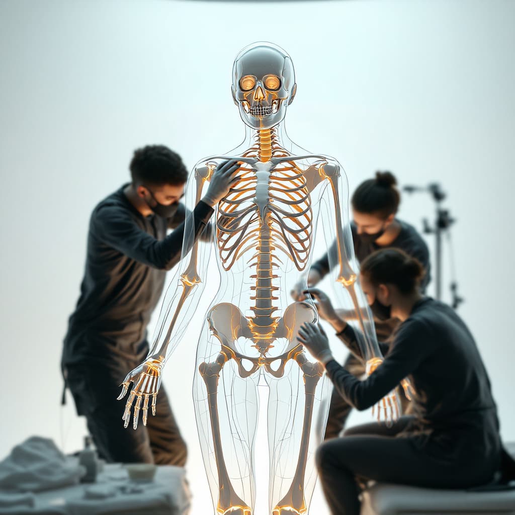 AI generated: a ultra realistic 1/3 full transparent female human body. bones and veins are visible. the bones sho...
