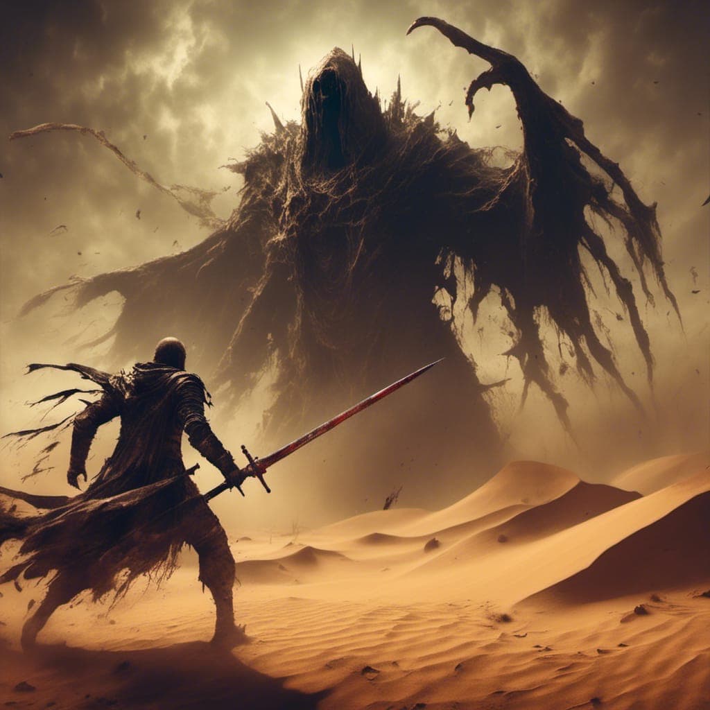 AI generated: In a desolate, wind-swept desert under a stormy, dark sky, a lone warrior stands defiantly. Clad in ...