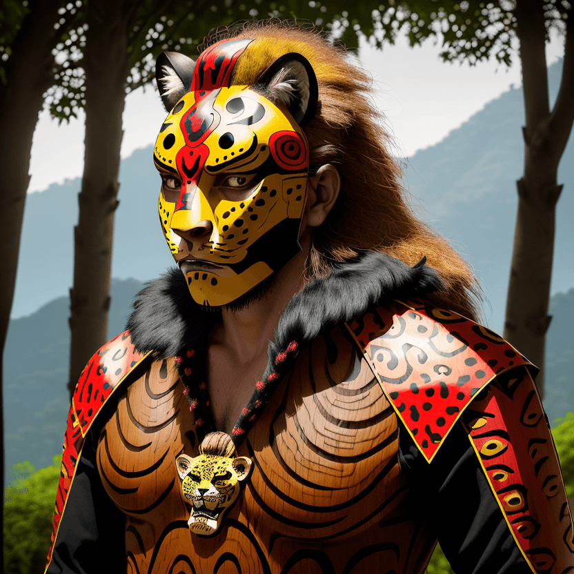 AI generated: man with jaguar warrior helmet mask with jaguar-style spots and abundant hair, wooden mask, fine woo...