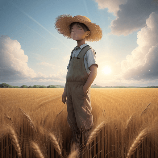 AI generated: Wheat field, a farmer boy with a straw hat standing in a wheat field, big clouds, blue sky, rice fie...