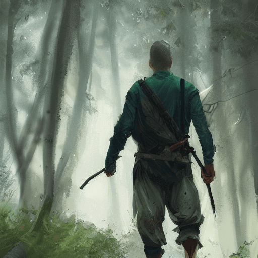 AI generated: full body portrait, male warrior, walking, striding, blurry forest background, dark green blue, hype...