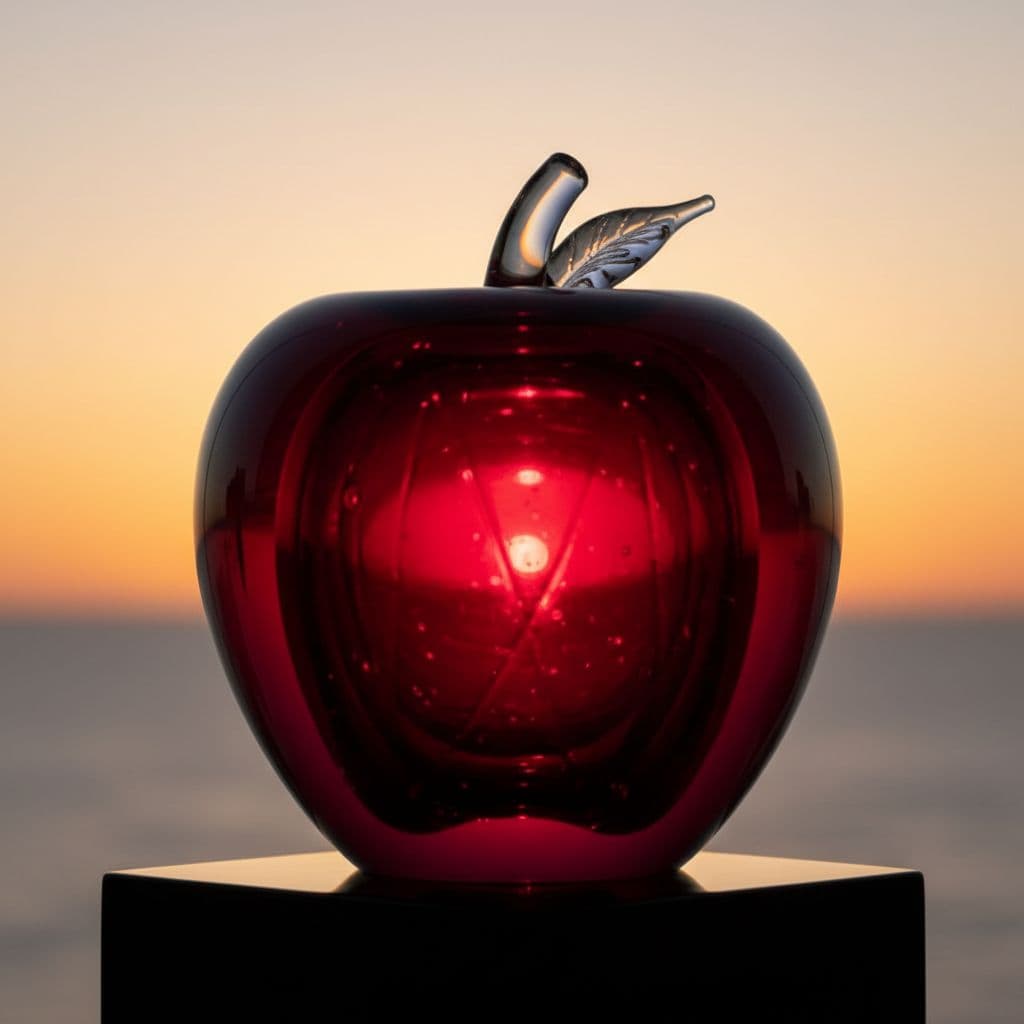 AI generated: a translucent glass apple red in color