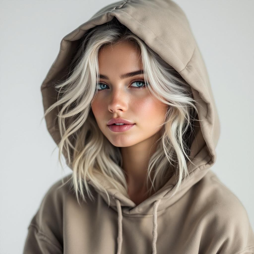 AI generated: a white woman wearing a hoodie, blonde hear