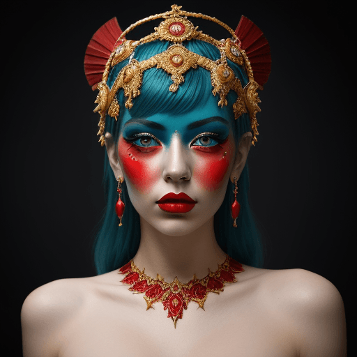 AI generated: beautiful red, blue and gold makeup on a woman, in the style of venetian scenes, hyperrealistic scul...