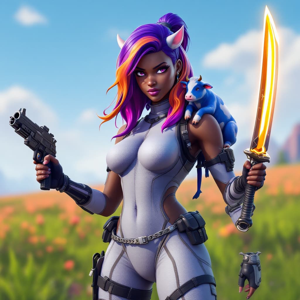 AI generated: Fortnite skin, fortnite battle royal, fortnite action scene, dark skin girl wearing spandex body sui...