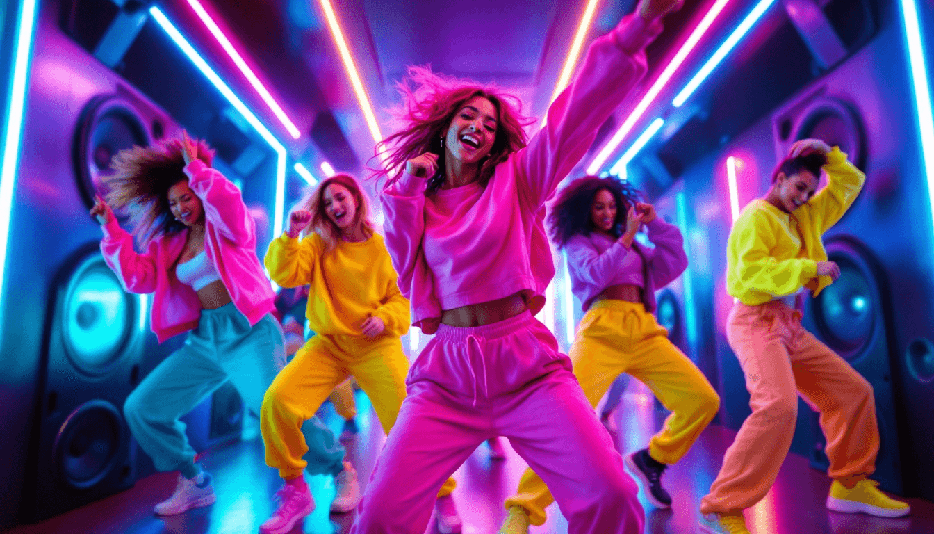 AI generated: Group of Stunning Womens performing energetic dance moves.  Colorful, vibrant, and dynamic poses, sh...