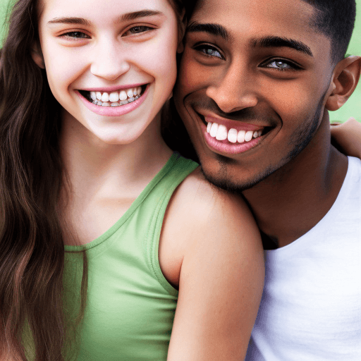 AI generated: Photo of a whiteskin girl with straight brown long hair, green eyes, clear skin and  with braces hug...