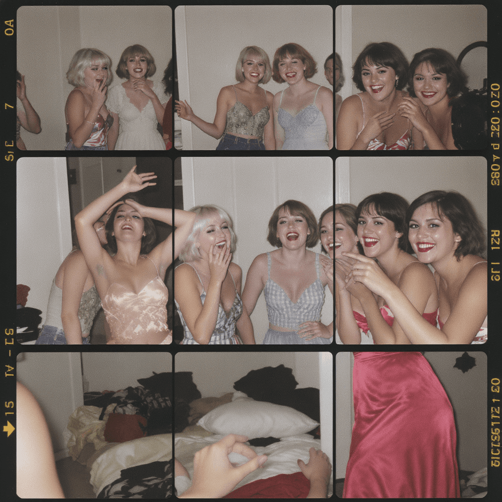 AI generated: photo, candid 35mm series of photos Polaroid of a group of a 3 sweet young girls with short hair and...