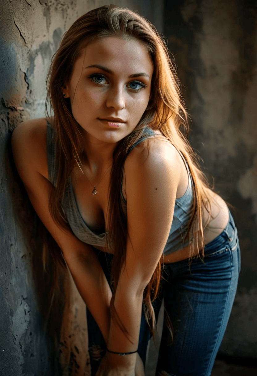 AI generated: HDR photo of beautiful young woman, selfie, happy and smiling, long bronze hair, light-blue eyes, fa...