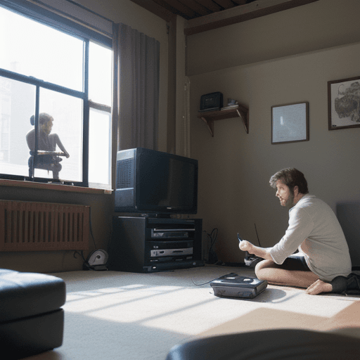 AI generated: High resolution photography , man dropping his TV on to his hand, catroon, wide angle, kinkfolk phot...