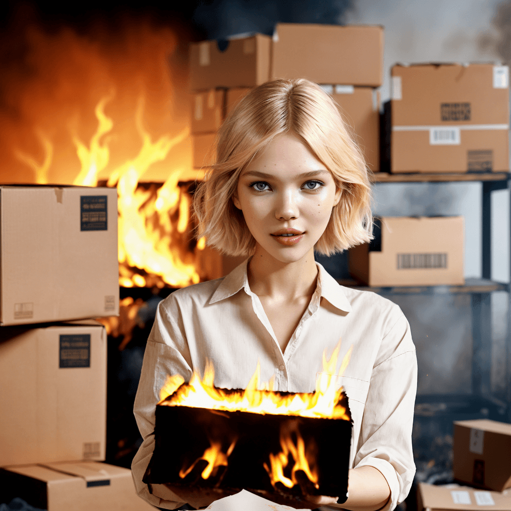 AI generated:  burning parcels engulfed in fire  in the background, wrapped in dirty worker clothes  shy blonde gi...