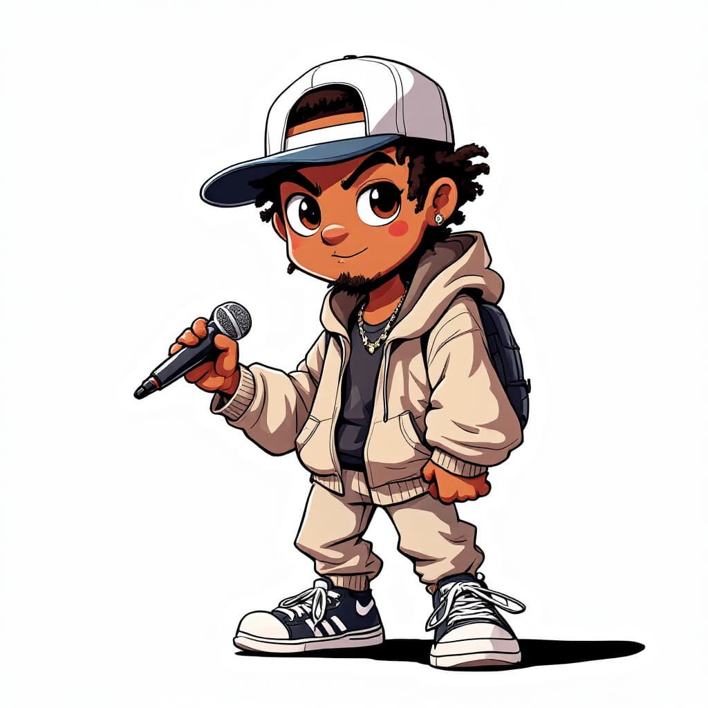 AI generated: An urban afro character wearing a backward cap, sneakers, and a hoodie, holding a microphone.