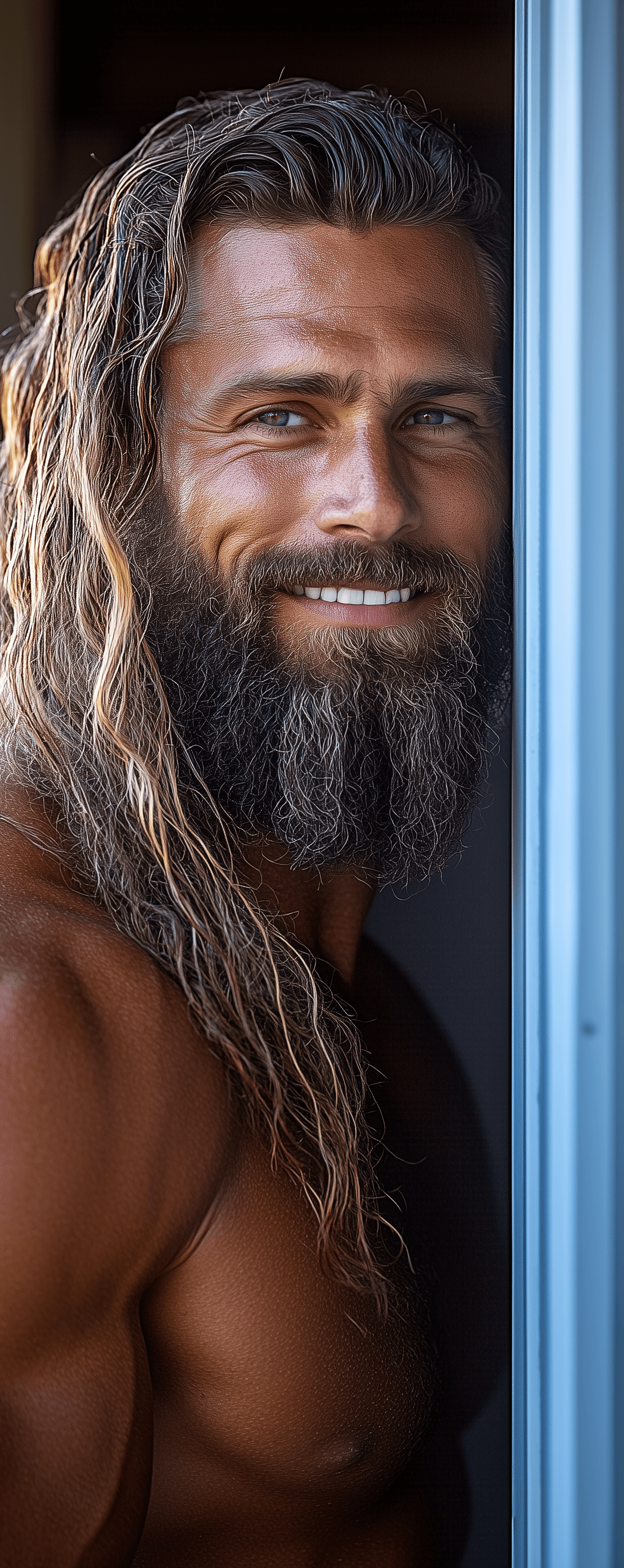 AI generated: A ruggedly handsome, muscular Italian construction worker with long hair and a beard stands in the d...
