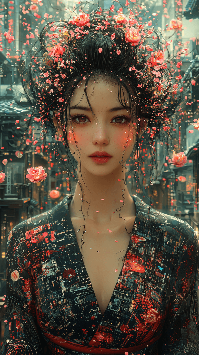 AI generated: A mesmerizing portrait of a woman in a deep V-neck top, combining elements of Japanese ukiyo-e art a...