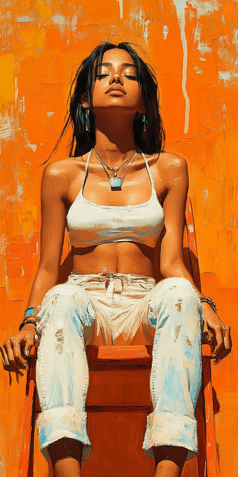 AI generated: oil painting of woman sitting on an orange chair, wearing a white top and pants, against an orange b...
