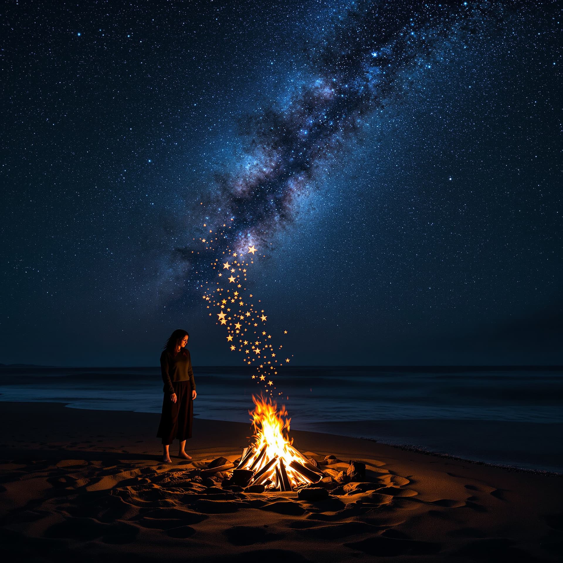 AI generated: The starry sky shines on the beach, with dark gray sand and shallow water in front of it. A beautifu...