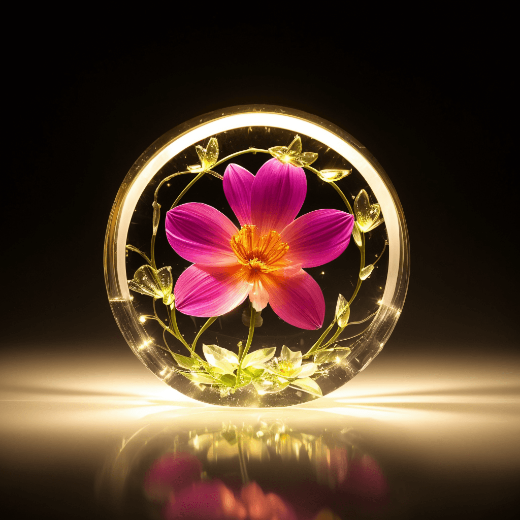 AI generated: a flower made of glass, bright, detailed, here are light reflections in the glass, vibrant colors, r...