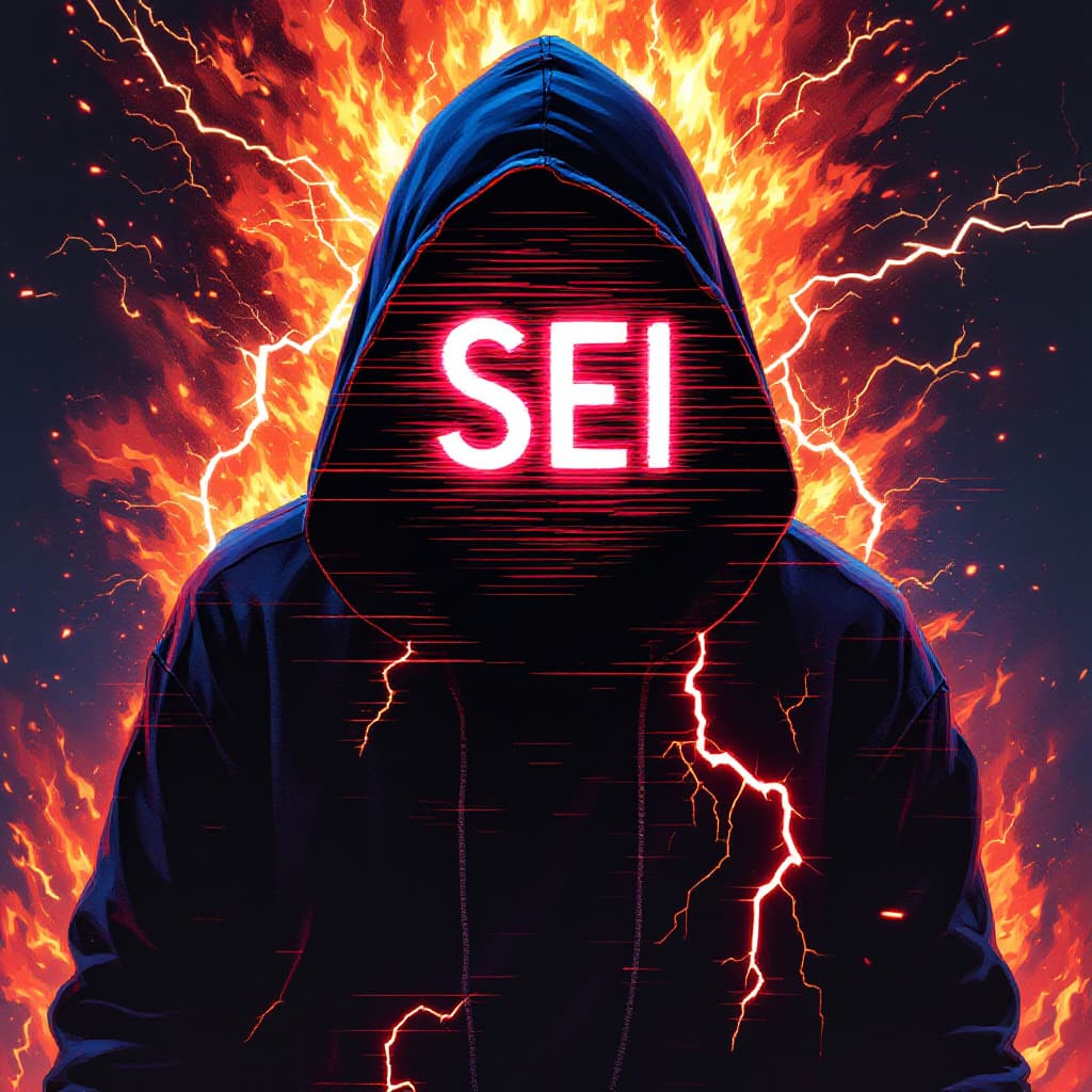AI generated: A hooded figure stands before you, its face entirely consumed by the blinding neon word SEI," flicke...