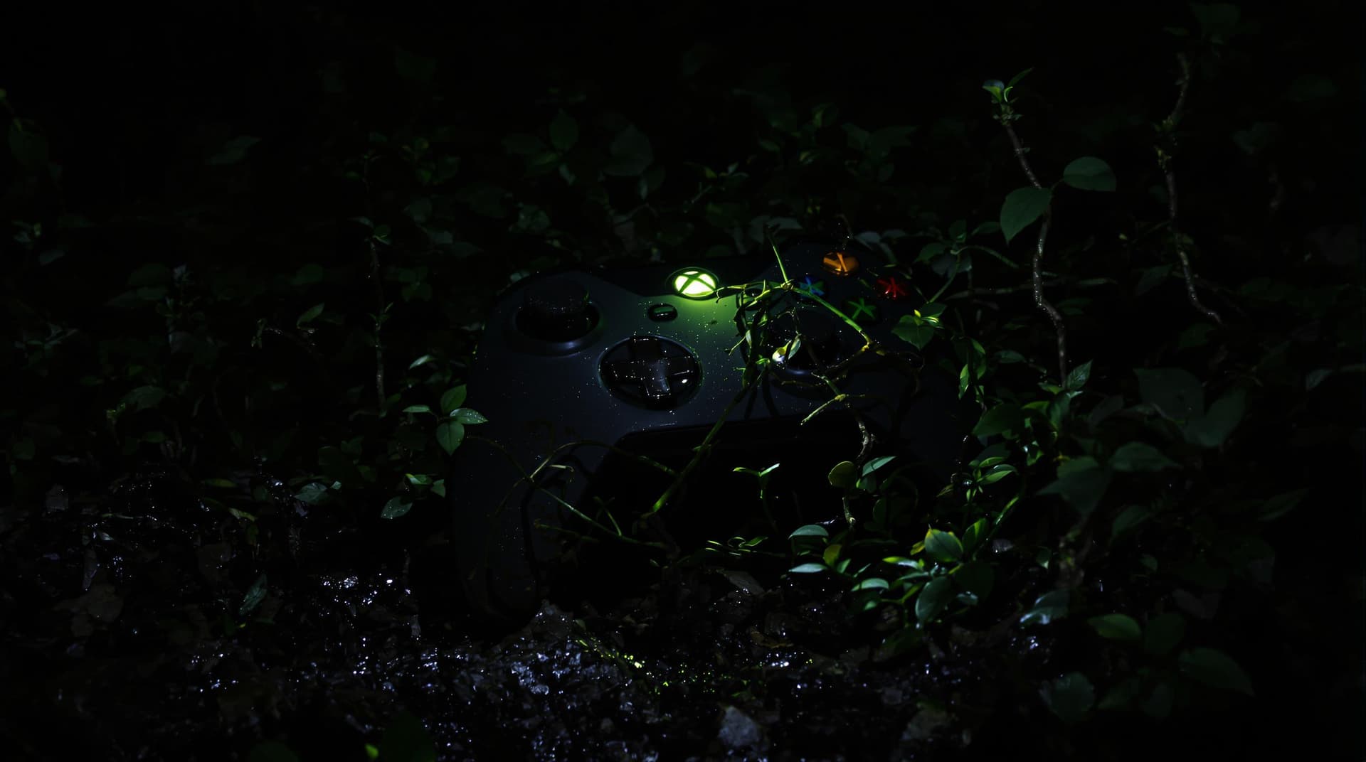 AI generated: A realistic image of an Xbox controller abandoned in a dense forest at night, partially buried in mu...
