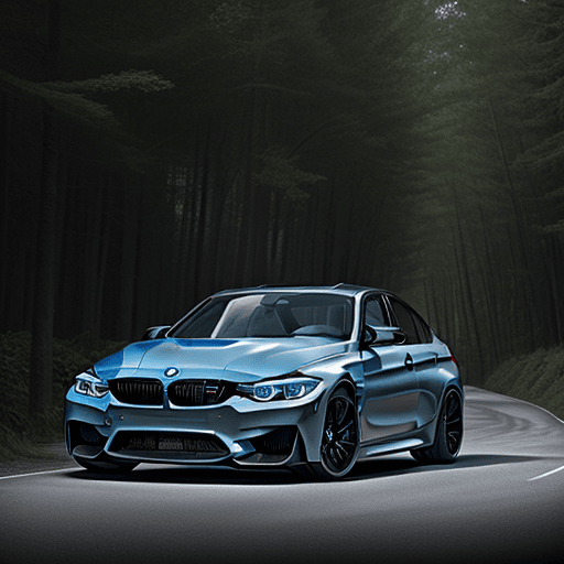 AI generated: create a BMW M3 in a forest road, 8K, Ultra HD, Realistic