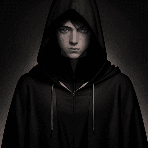 AI generated: A hooded shadowy young man with pale skin and hazel eyes