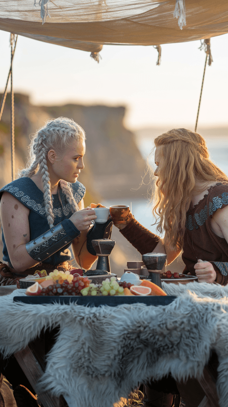 AI generated: Viking shield maidens at sunrise breakfast, one with silver-blonde braids one with golden waves, wea...