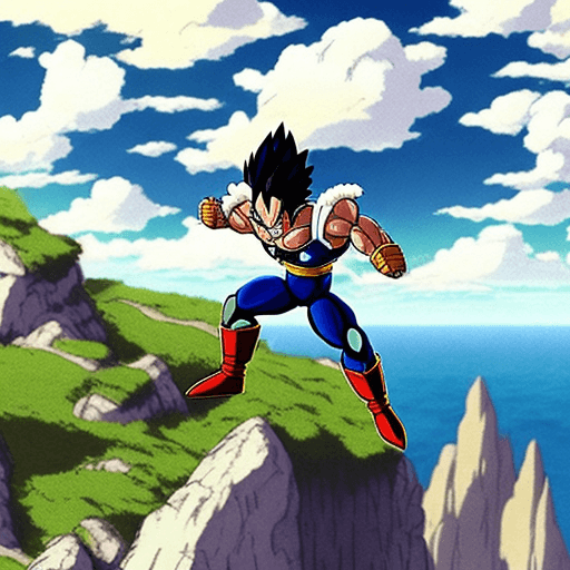 AI generated: Vegeta standing on edge of a cliff with his hair flying due to wind on planet Namek, Ghibli studio