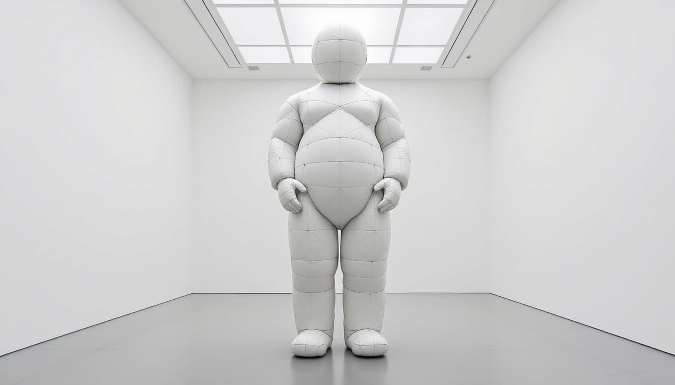 AI generated: A monumental 6-meter-tall sculpture stands in a pristine, white-walled exhibition space. Its form is...