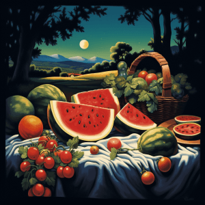 AI generated: T-shirt illustration, a watermelon, at a picnic, with a basket and a blanket, under a tree, Bob Byer...