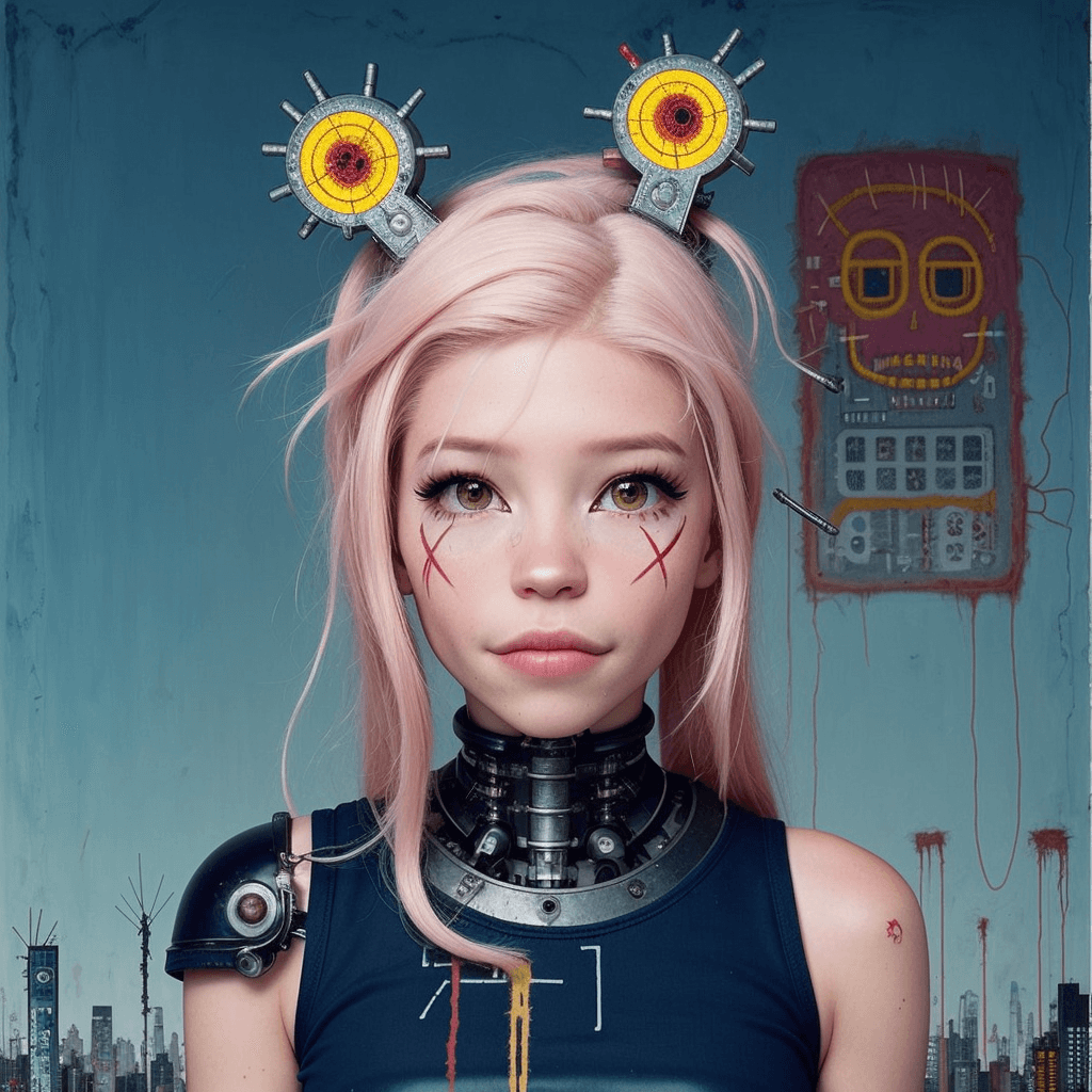 AI generated: by Jean Michel Basquiat,a cyborg girl, <lora:DI_belle_delphine_v1:1>